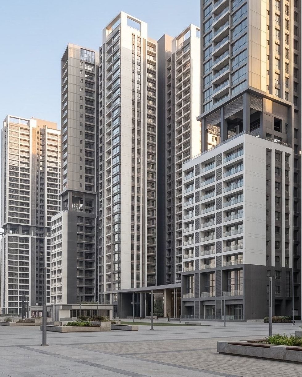 Residential towers of different heights stepping up behind a paved, planted courtyard.